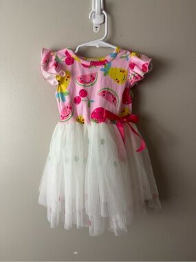 NWT Girls Pete + Lucy Pink Fruit Print Tulle Dress with Ribbon Bow 0-6 Months